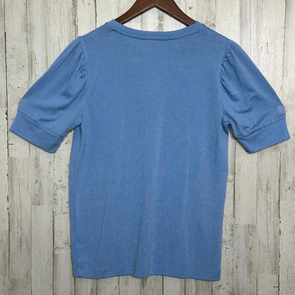 J Crew Supercozy Top Blouse Small Sky Blue Puff Sleeve Stretch Preppy Beachy EUC